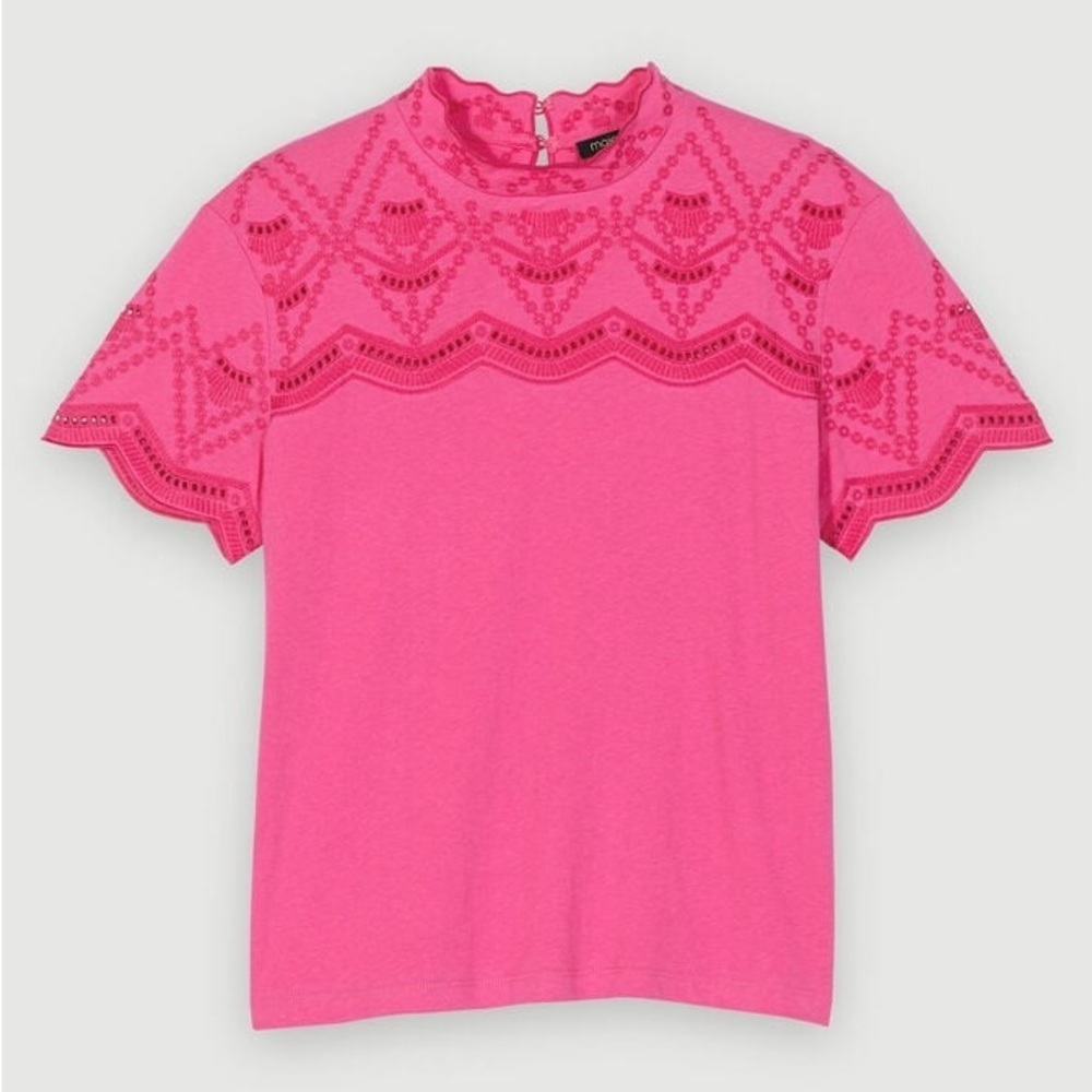 Maje Bright Pink Short Sleeve Eyelet Lace Top